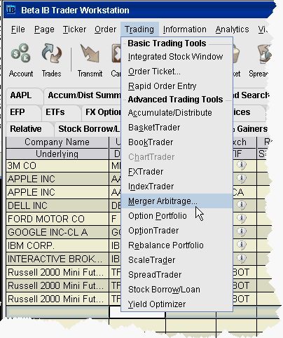 Interactive Brokers TWS Merger Arbitrage Menu